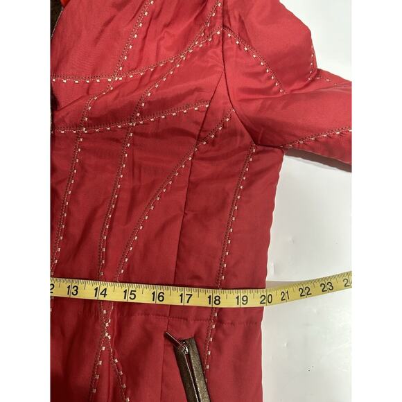 Leega Jacket Coat Red Embroiders Mink And Rabbit Fur Linen Medium Hooded - Picture 11 of 16